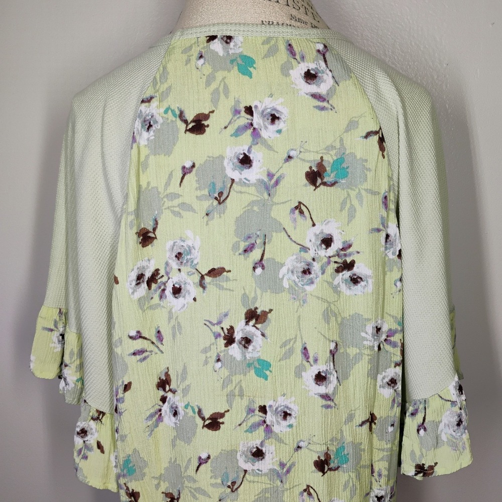 Three Bird Nest Mixed Media Top Womens S Green Waffle Knit Floral Oversized Boho - Picture 4 of 9
